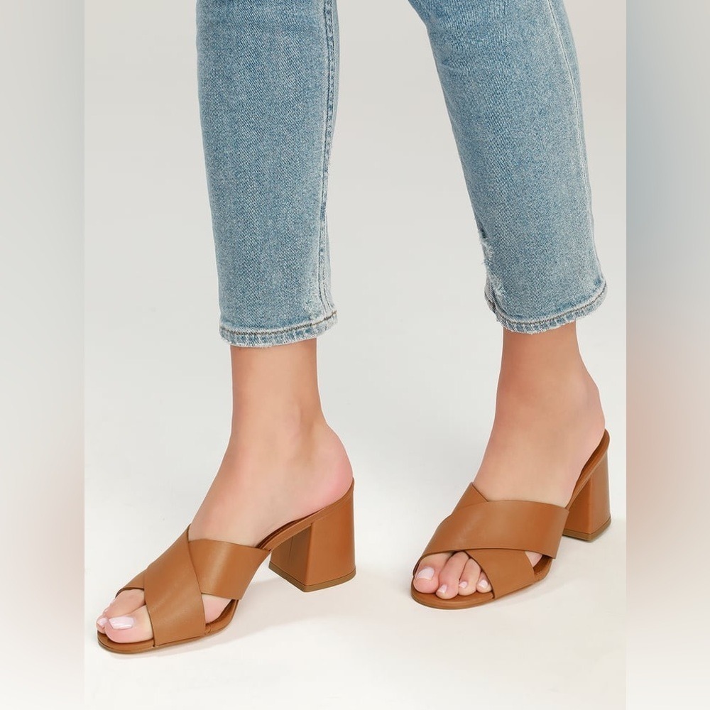 Lulus Tan Leather Cross Strap Block‎ Heel Mules Slides Sandals Women Size 9